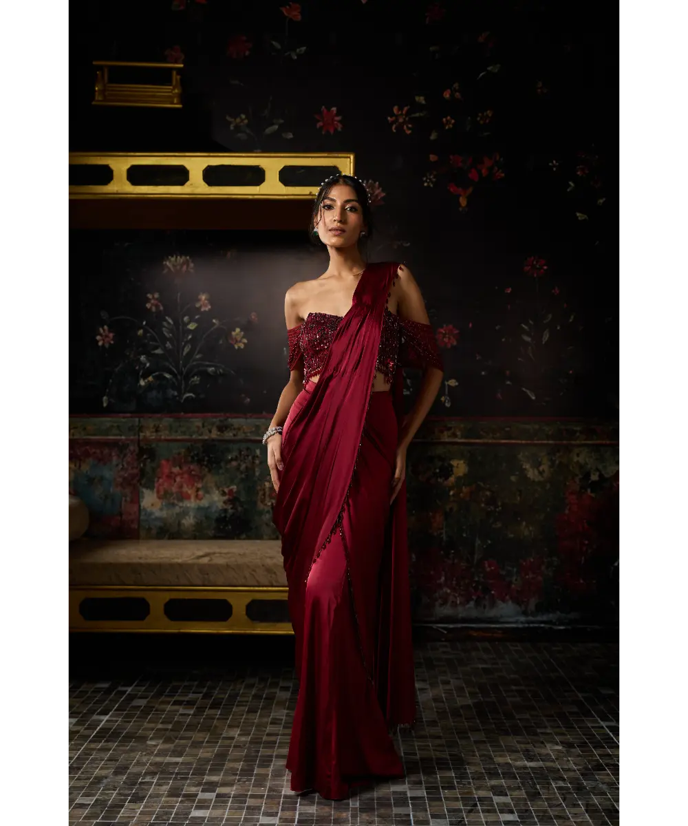 DIYARAJVVIR - MAROON EMBELLISHED SHARARA SAREE SET